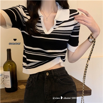 撞色条纹短袖恤女夏季薄款领修身设计感针织衫休闲百搭上衣