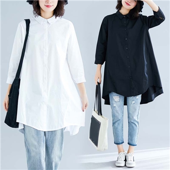 实拍2024夏季新款文艺大码宽松纯色翻领七分袖衬衫女装中长款衬衣