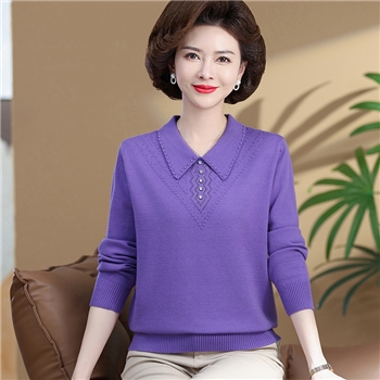 中老年女装时尚翻领春季毛衣针织衫大码宽松翻领妈妈装纯色上衣