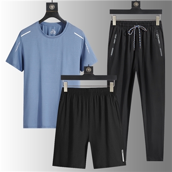 夏季冰丝户外男士休闲运动宽松三件套透气速干圆领T恤长裤套装男