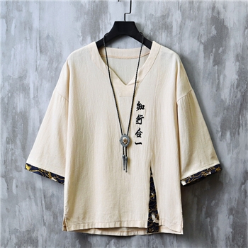 2023夏季新款中国风男装棉麻刺绣知行合一短袖t恤复古五分袖潮男