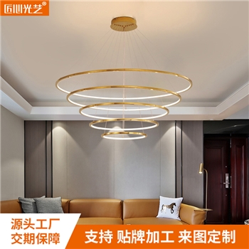 现代轻奢复式楼梯酒店大厅圆圈不锈钢工程样板房展厅客厅吊灯