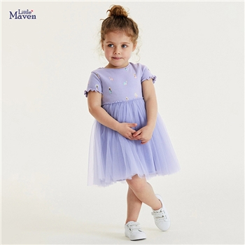 Little maven跨境童装 欧美风卡通女童连衣裙 夏款短袖儿童公主裙